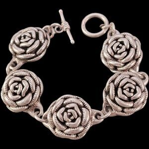 Vintage Sterling 3D Rose Flower Design Link Bracelet